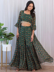 Charming Green Digital Printed Georgette Sharara Crop-Top With Jacket