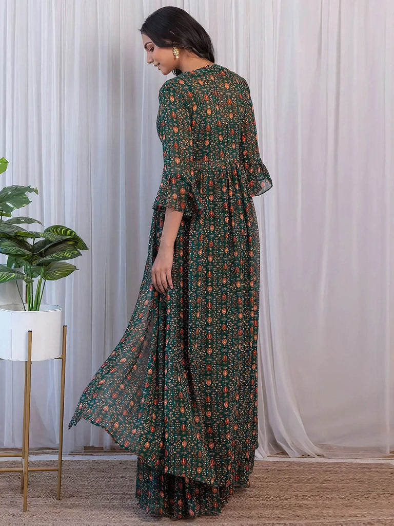Charming Green Digital Printed Georgette Sharara Crop-Top With Jacket