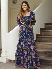 Stunning Navy Blue Floral Printed Georgette Ready To Wear Ruffle Saree