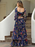 Stunning Navy Blue Floral Printed Georgette Ready To Wear Ruffle Saree