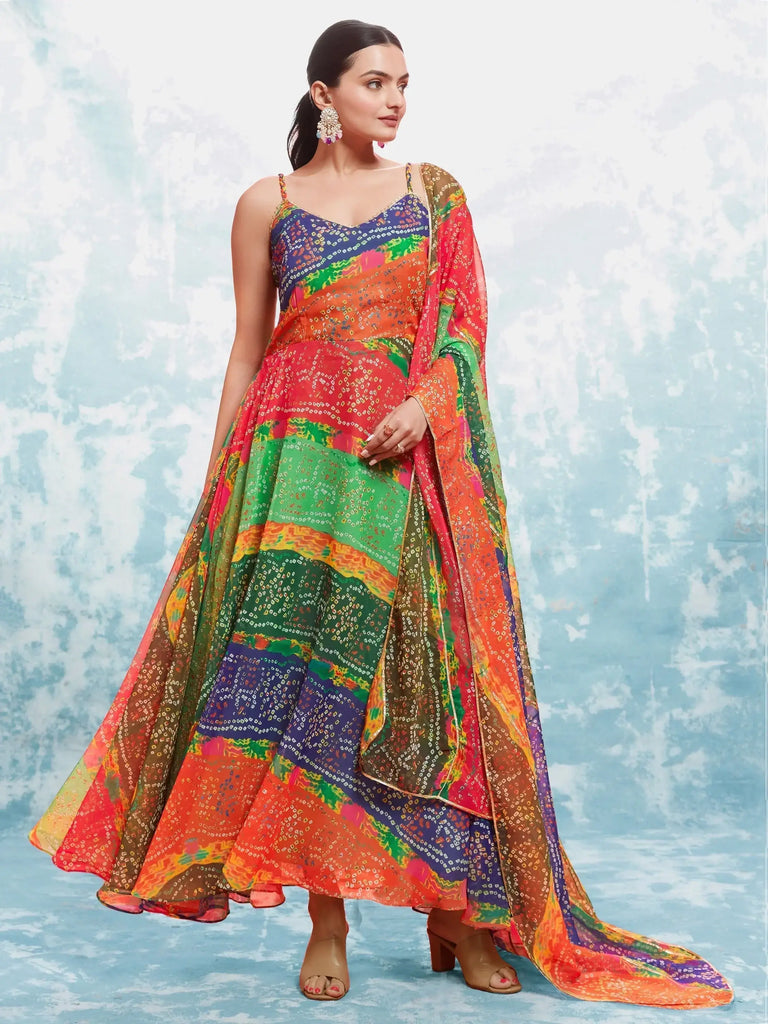 Dazzling Multi-Color Bandhani Printed Georgette Gown With Dupatta