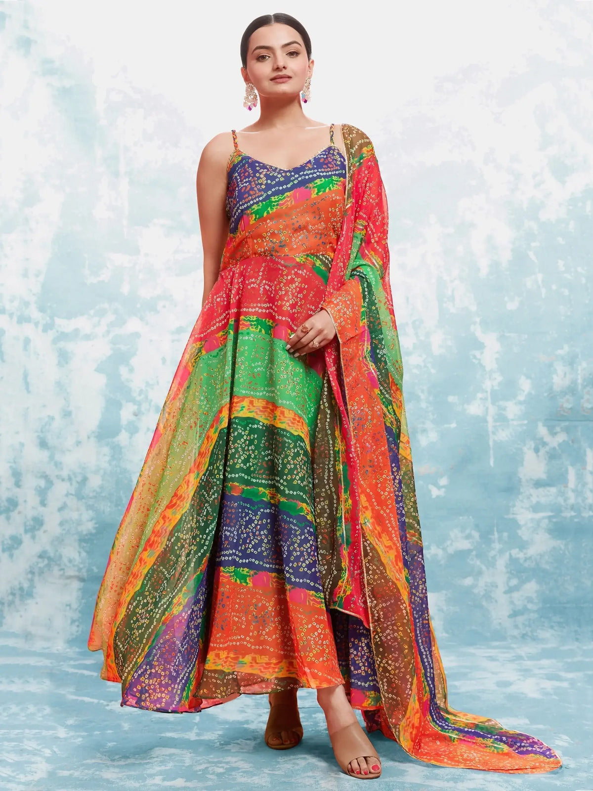 Dazzling Multi-Color Bandhani Printed Georgette Gown With Dupatta