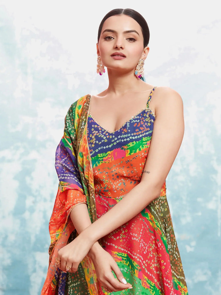 Dazzling Multi-Color Bandhani Printed Georgette Gown With Dupatta