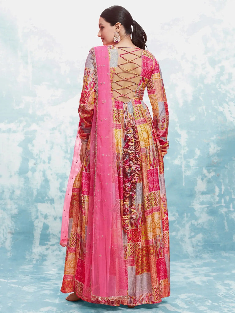 Spectacular Multi-Color Digital Printed Muslin Silk Festival Wear Gown
