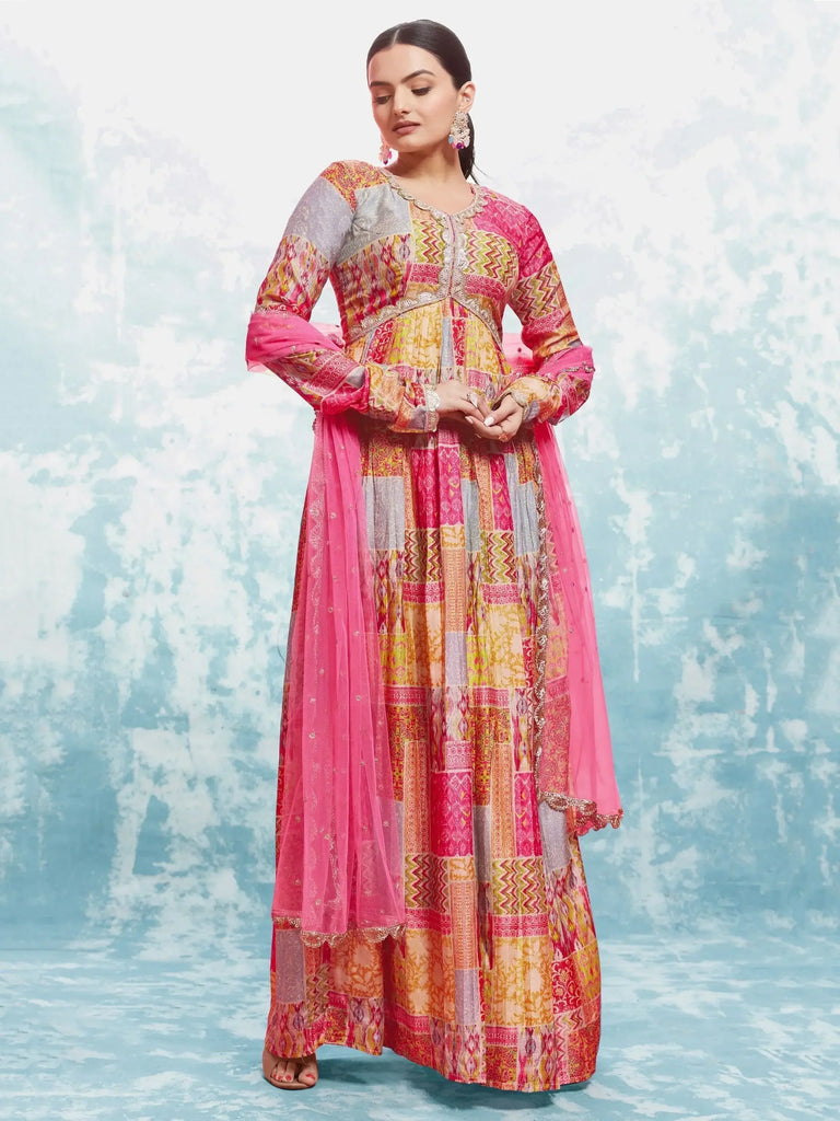 Spectacular Multi-Color Digital Printed Muslin Silk Festival Wear Gown