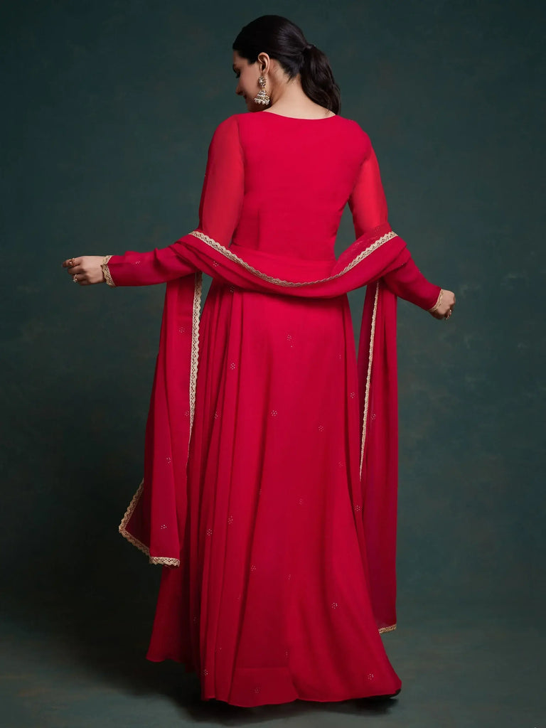 Gorgeous Red Lace Work Georgette Function Wear Gown With Dupatta
