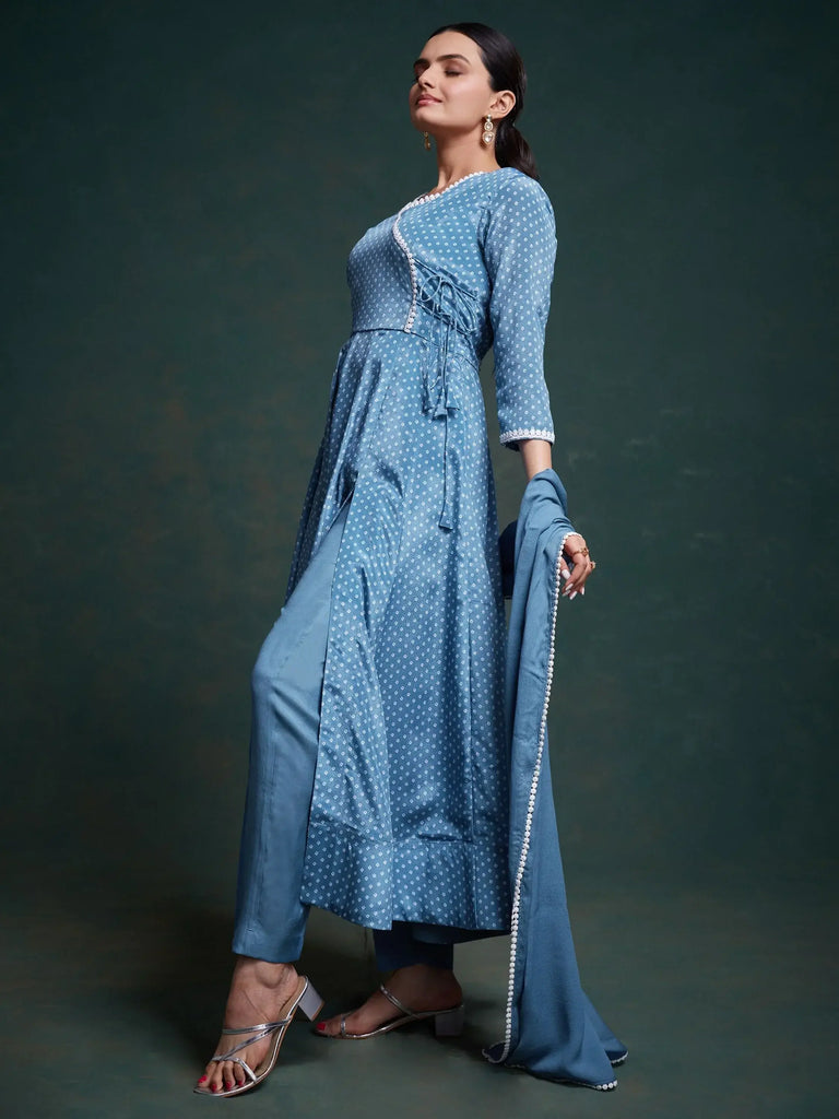 Lovely Dusty Blue Printed Chinon Designer Salwar Suit With Dupatta