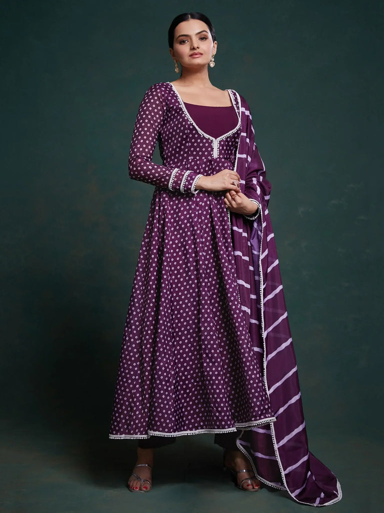 Beautiful Purple Printed Organza Event Wear Salwar Suit With Dupatta