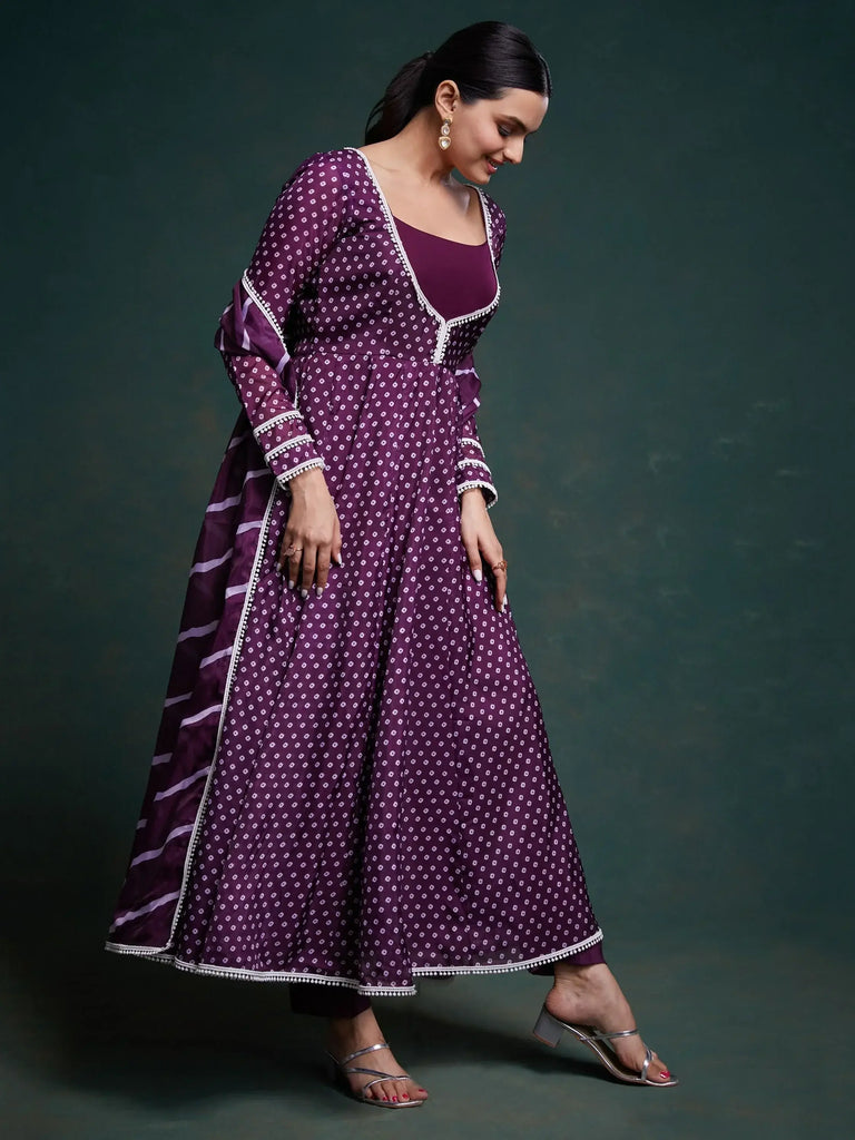 Beautiful Purple Printed Organza Event Wear Salwar Suit With Dupatta