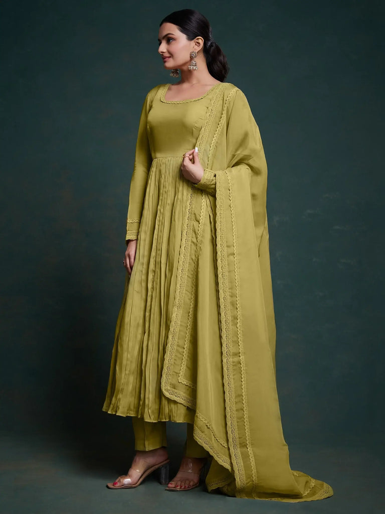 Attractive Olive Green Organza Festival Wear Salwar Suit With Dupatta
