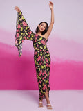 Wonderful Black Floral Printed Chinon Silk Western Dress