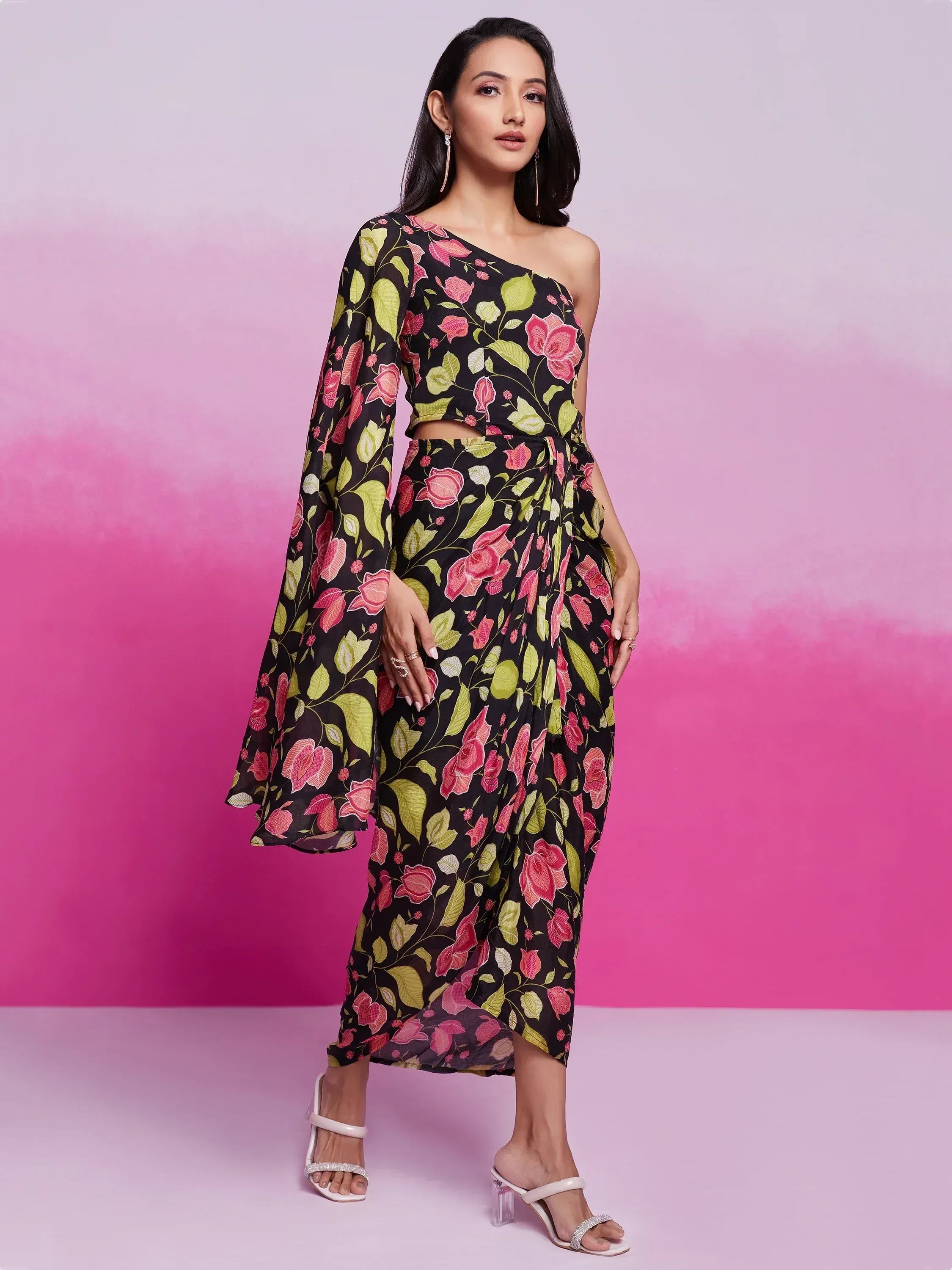 Floral print ethnic gown with one-shoulder design and flared sleeve, perfect for Indian occasions