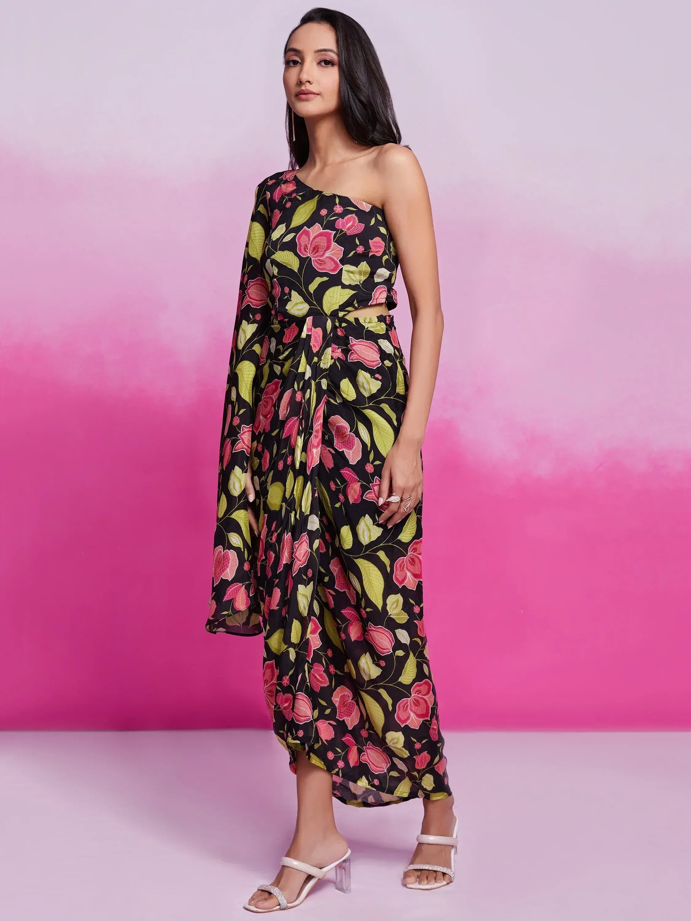 Floral print ethnic gown with one-shoulder top and wide pants, perfect for Indian festive wear