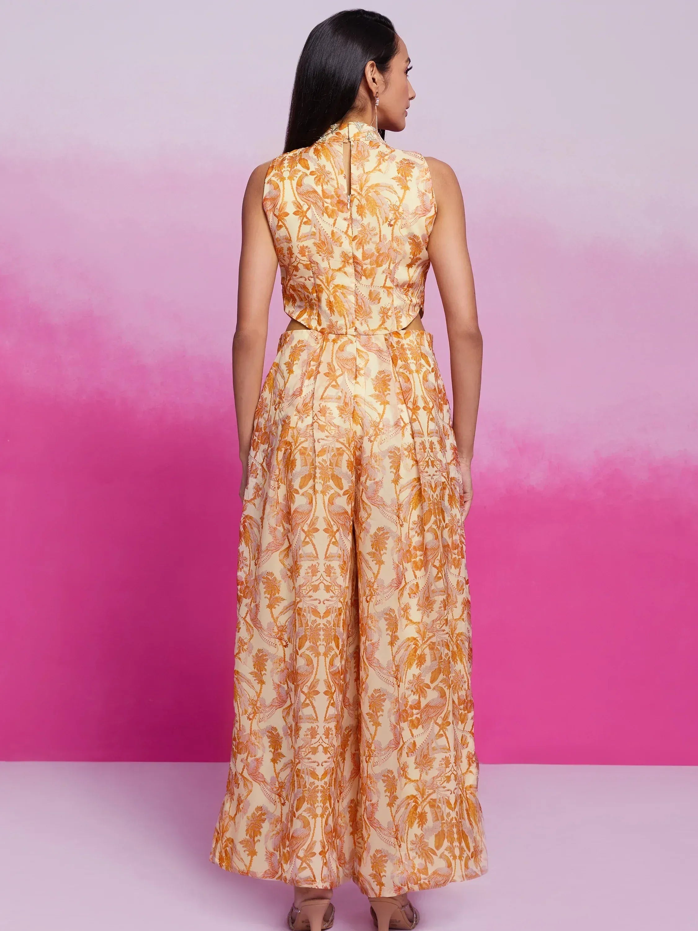 Women's ethnic printed palazzo set with high neck top and wide-leg pants, perfect for Indian occasions
