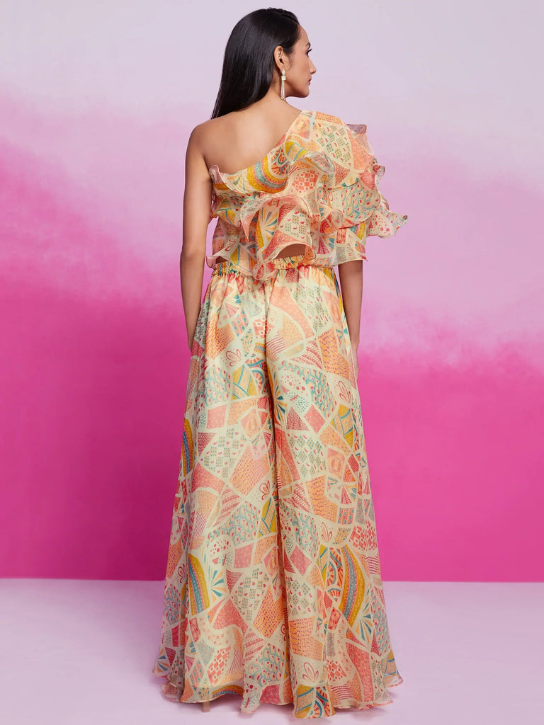 Lovely Cream Digital Printed Organza Party Wear Crop Top Palazzo