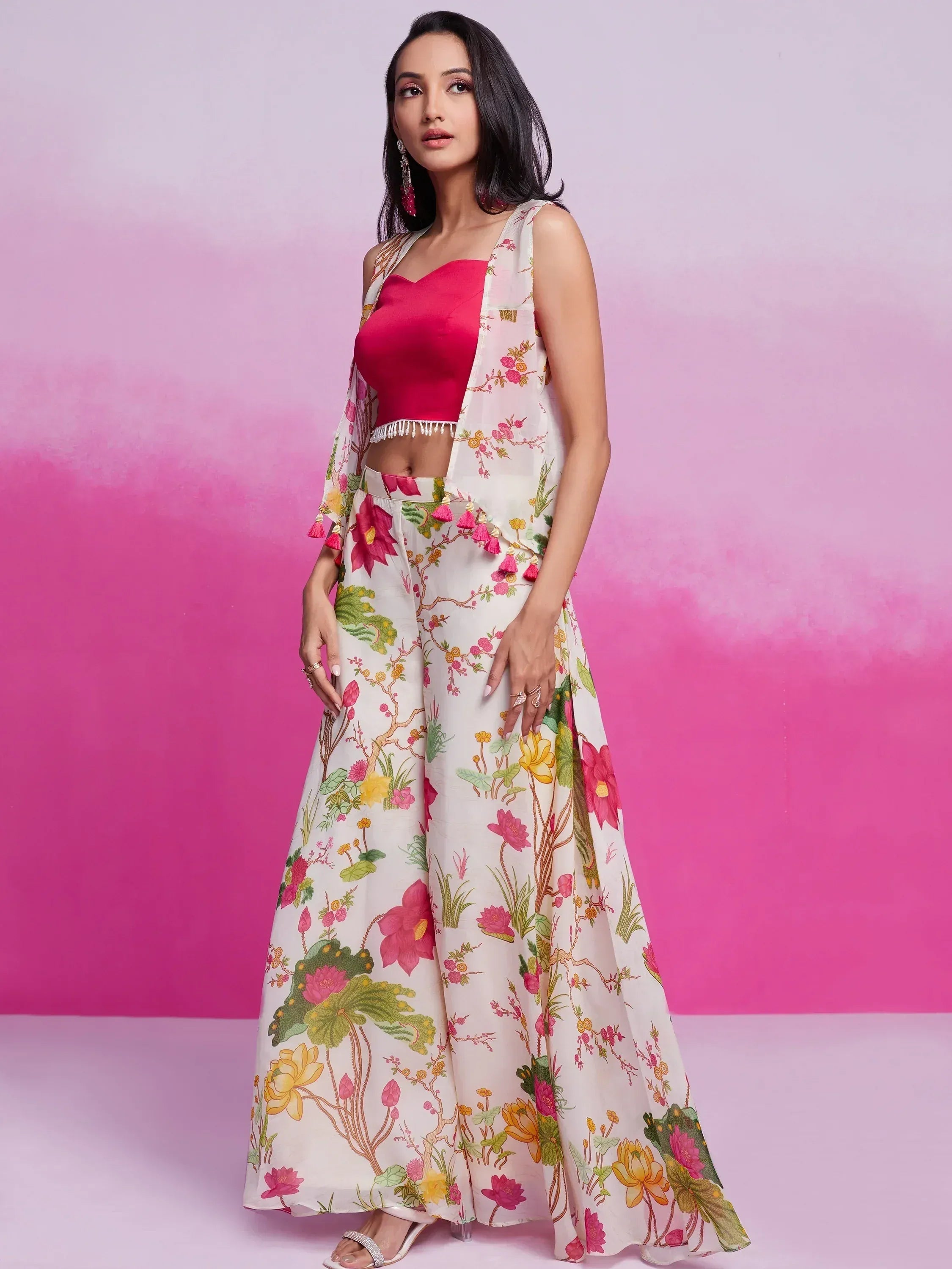 Floral print ethnic palazzo set with pink crop top and tassel dupatta, perfect for Indian occasions