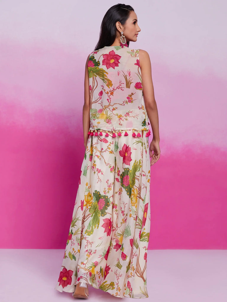 Pretty Off-White Floral Printed Organza Crop Top Palazzo With Shrug
