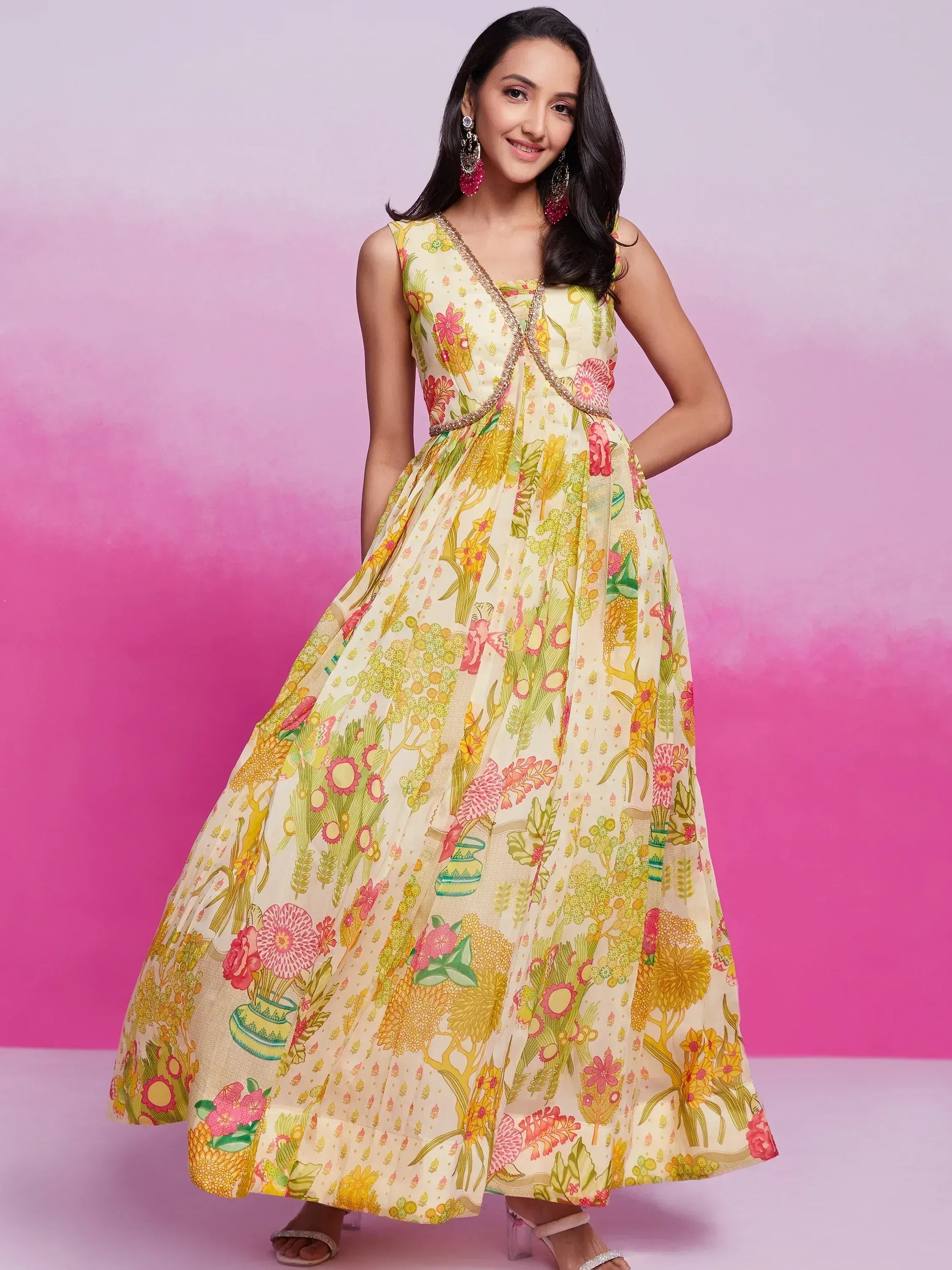 Floral print ethnic gown with V-neck and gold trim, perfect for Indian occasions