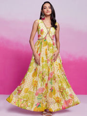 Stunning Cream Digital Printed Organza Festival Wear Dress