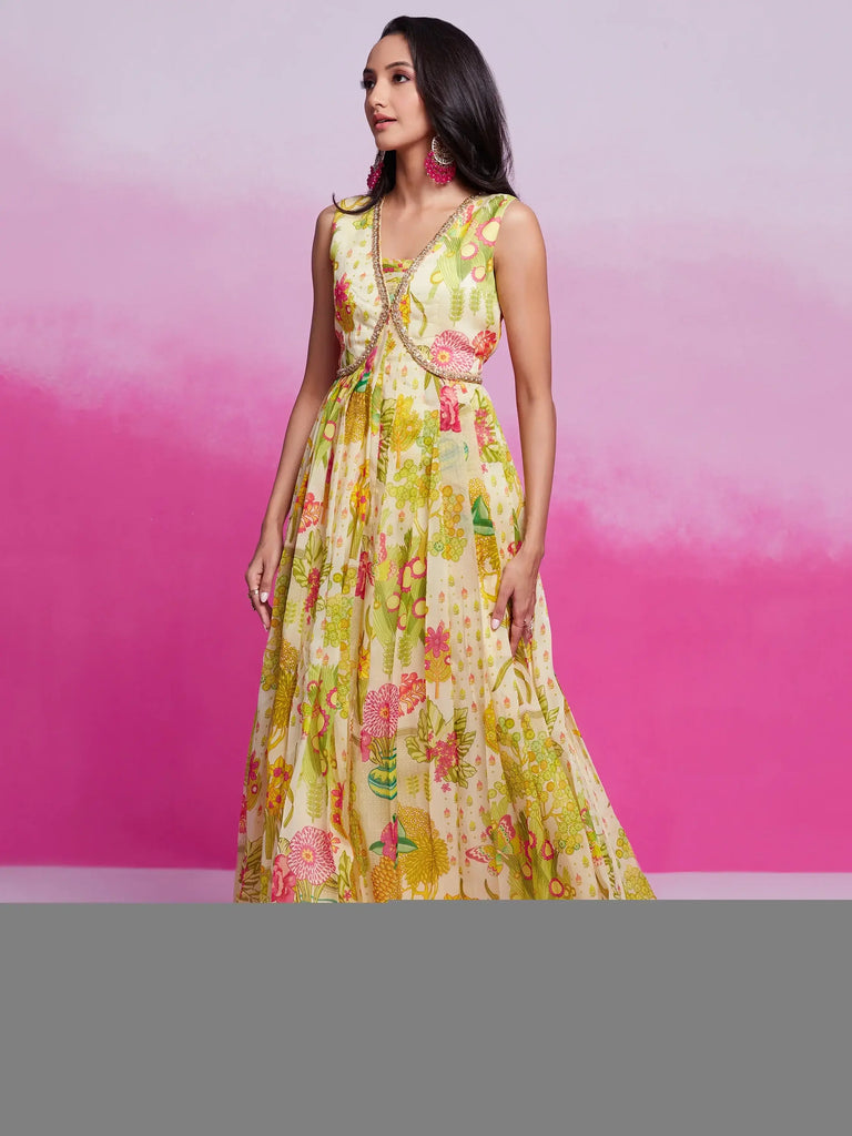 Stunning Cream Digital Printed Organza Festival Wear Dress