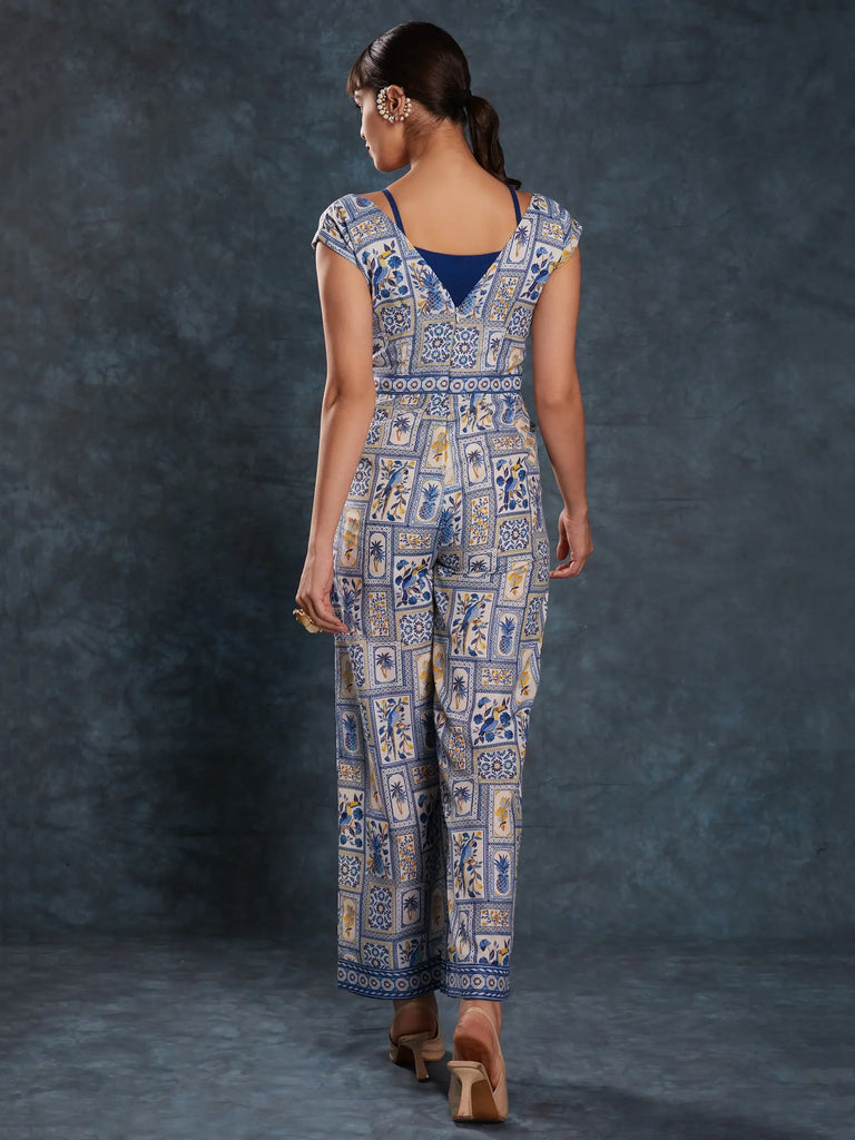 Gorgeous Navy Blue Digital Printed Linen Party Wear Jumpsuit