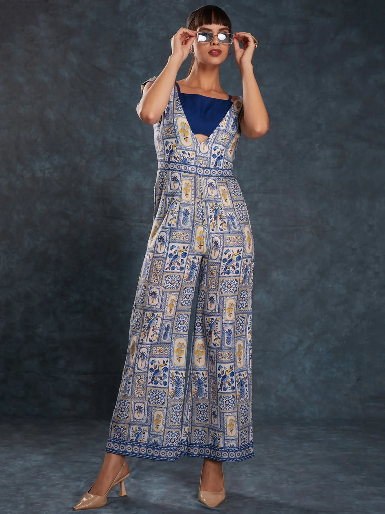 Gorgeous Navy Blue Digital Printed Linen Party Wear Jumpsuit