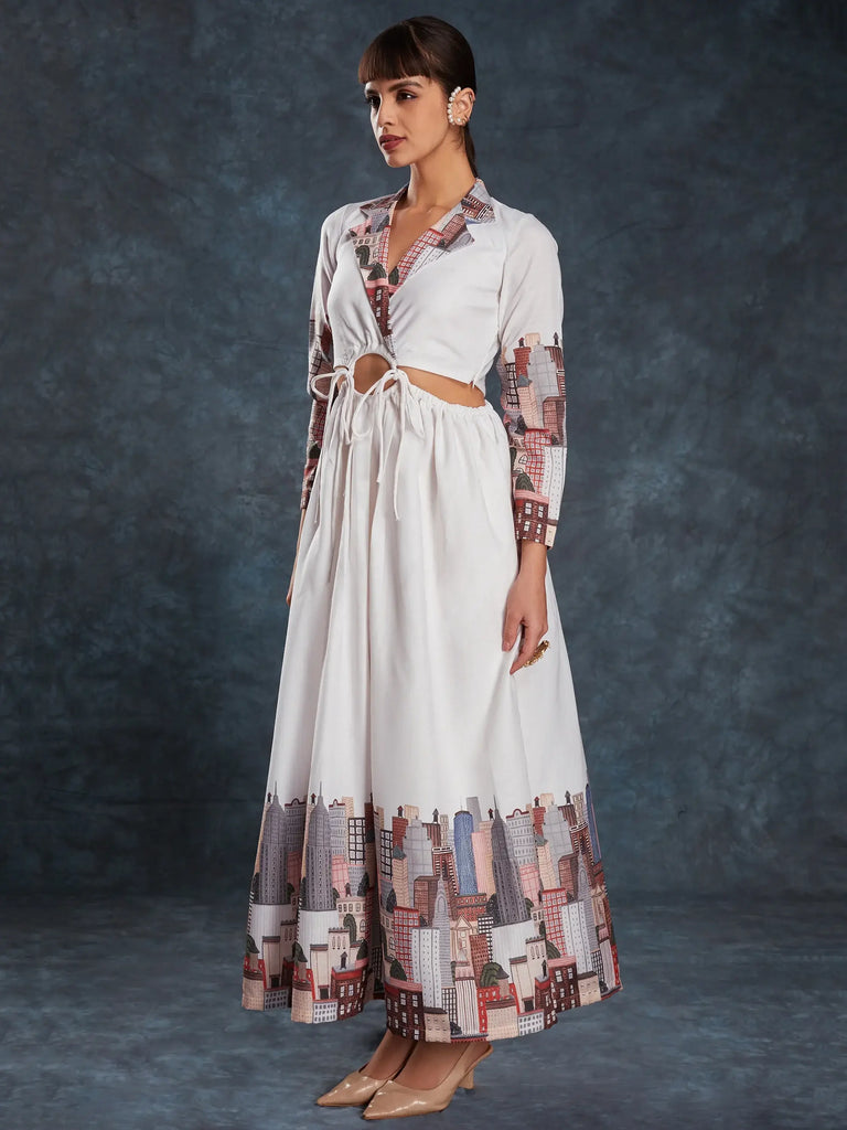 Fantastical White Printed Linen Western Wear Long Dress