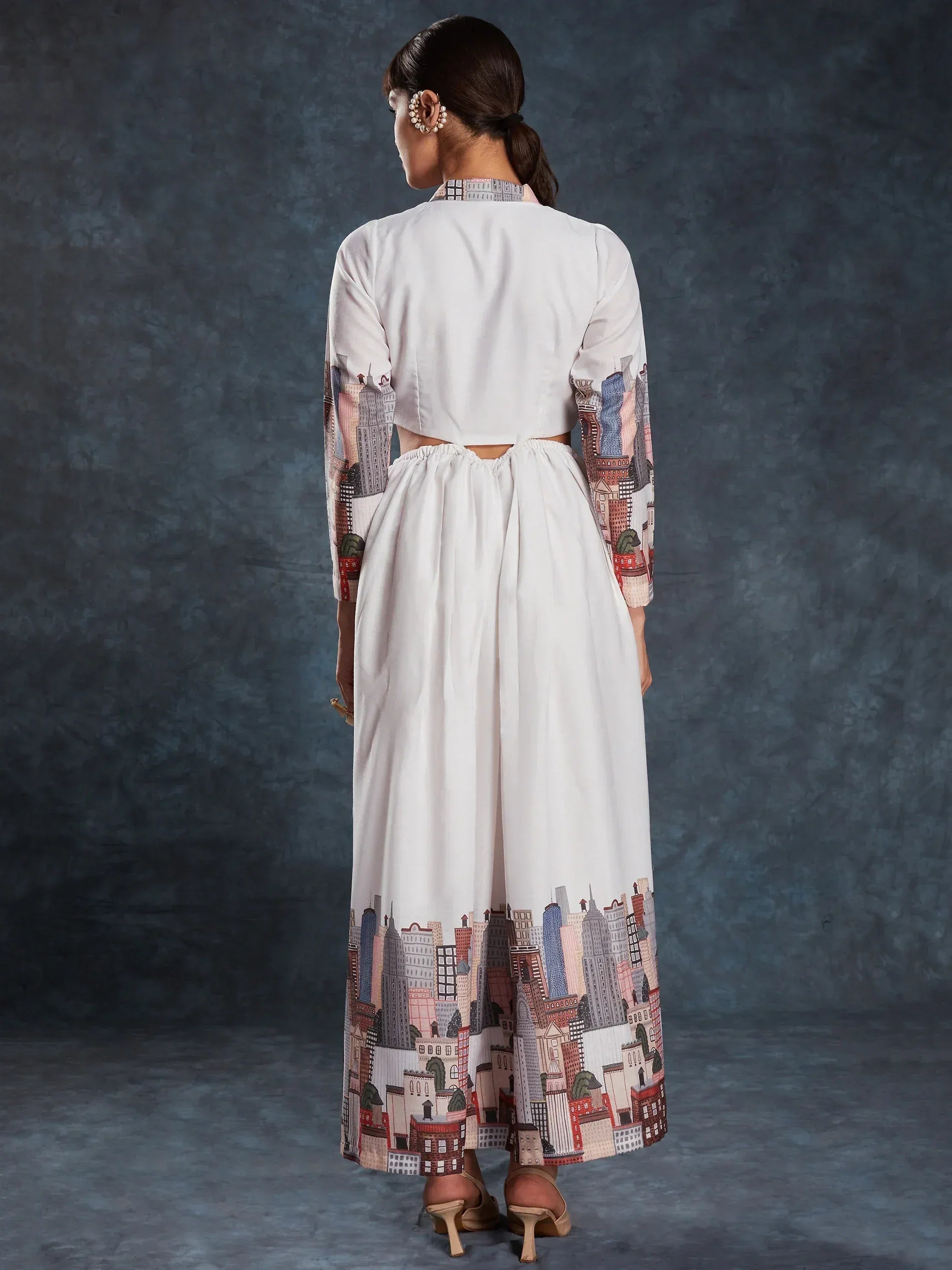 White ethnic crop top and palazzo set with city print, stylish Indian wear for women
