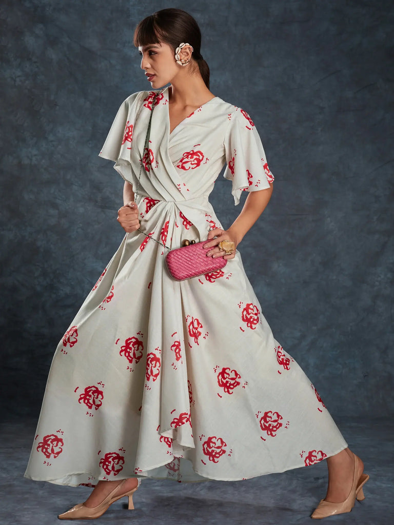 Glamorous Cream Printed Linen Western Wear Maxi Dress