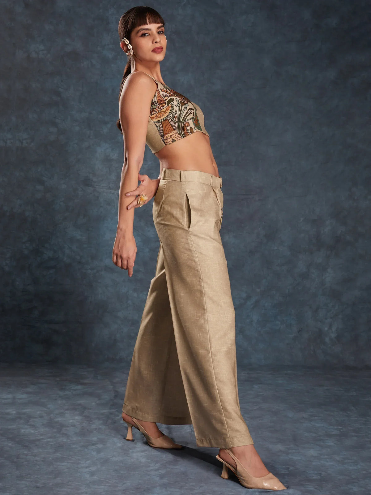 Beige printed crop top with wide-leg pants, ethnic wear for women