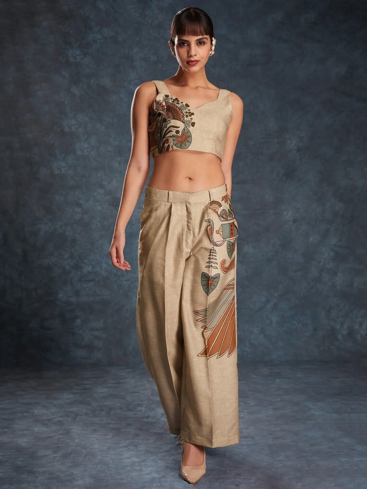 Beige printed crop top and palazzo pants set, ethnic wear for women, stylish Indian fashion