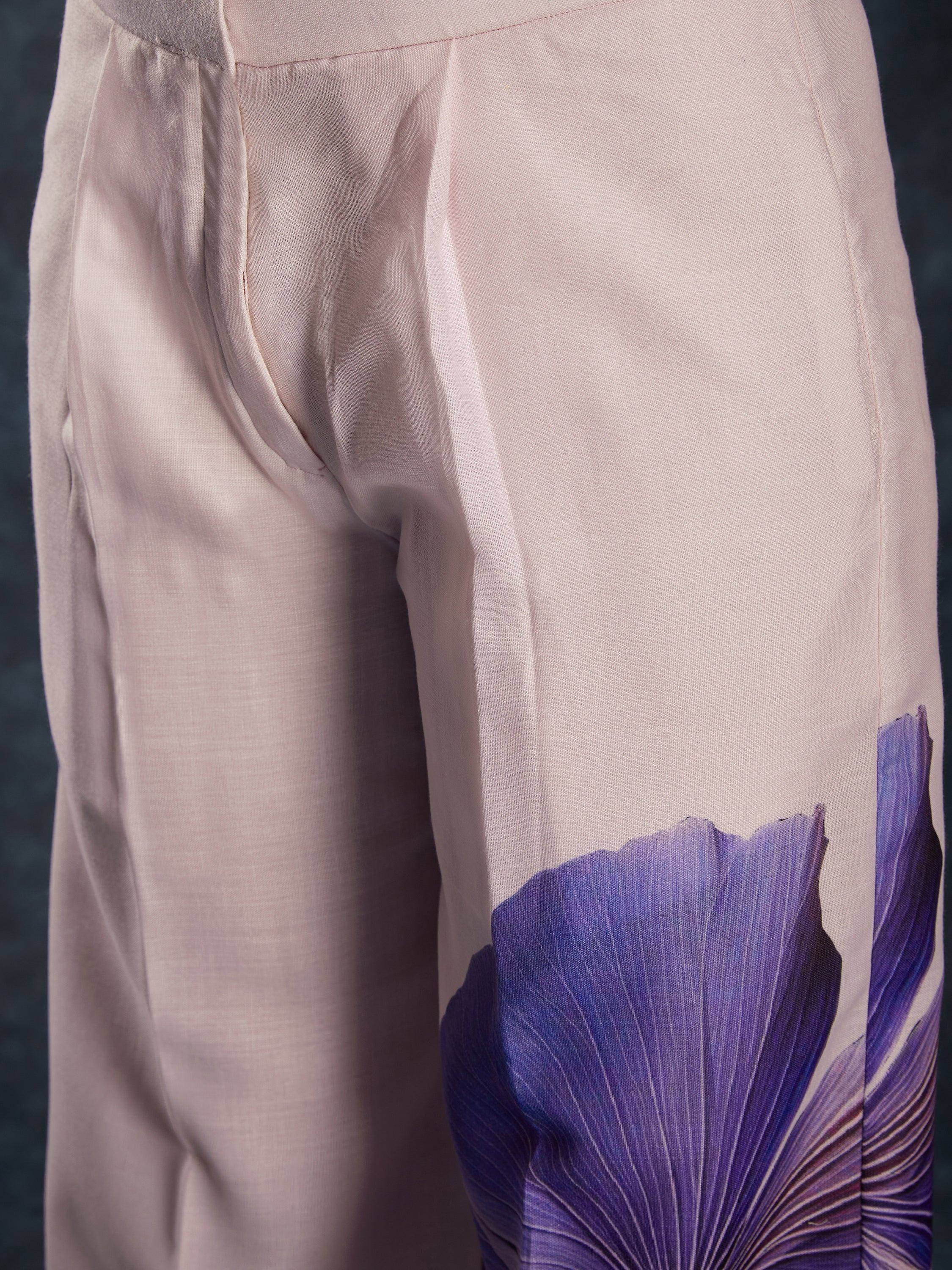 Pink ethnic palazzo pants with purple floral print, soft fabric, side pocket detail