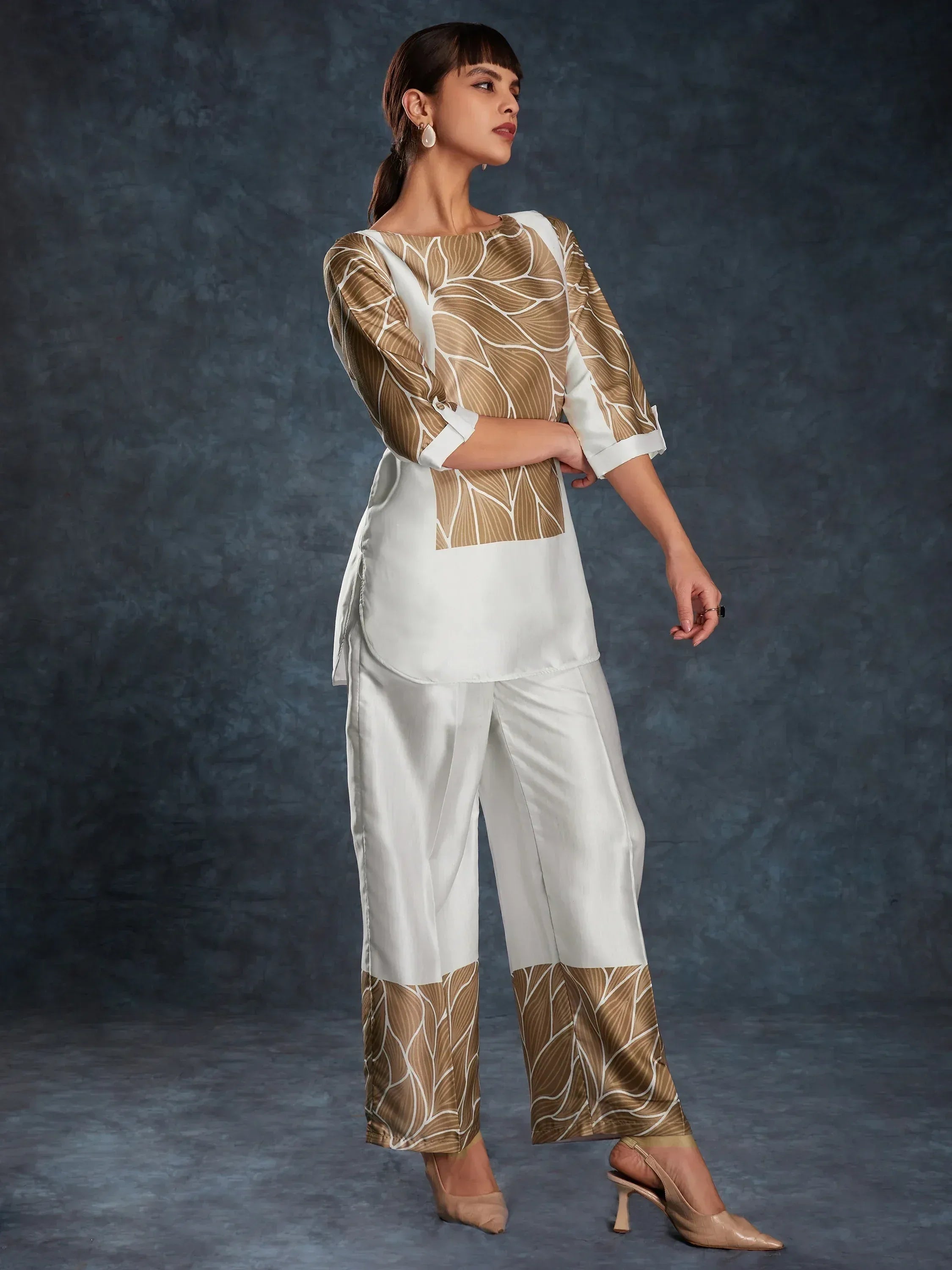 Stylish Indian ethnic salwar kameez with leaf print, white and gold designer suit for women
