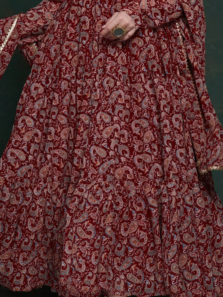Excellent Maroon Digital Printed Organza Event Wear Gown With Dupatta