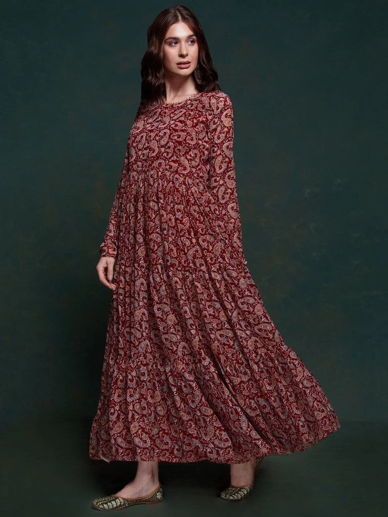 Excellent Maroon Digital Printed Organza Event Wear Gown With Dupatta