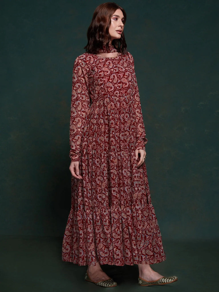 Excellent Maroon Digital Printed Organza Event Wear Gown With Dupatta
