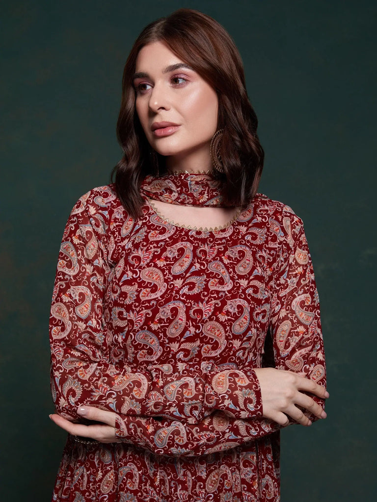 Excellent Maroon Digital Printed Organza Event Wear Gown With Dupatta