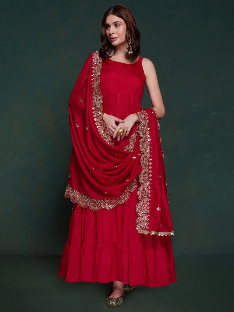 Awesome Red Georgette Reception Wear Gown With Heavy Dupatta