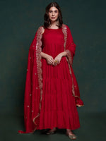 Awesome Red Georgette Reception Wear Gown With Heavy Dupatta