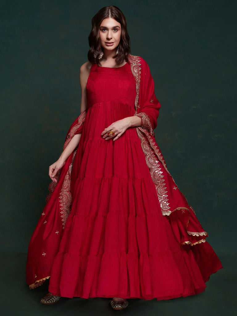 Awesome Red Georgette Reception Wear Gown With Heavy Dupatta