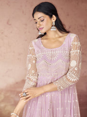 Fabulous Baby Pink Embroidered Net Festival Wear Gown
