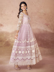 Fabulous Baby Pink Embroidered Net Festival Wear Gown