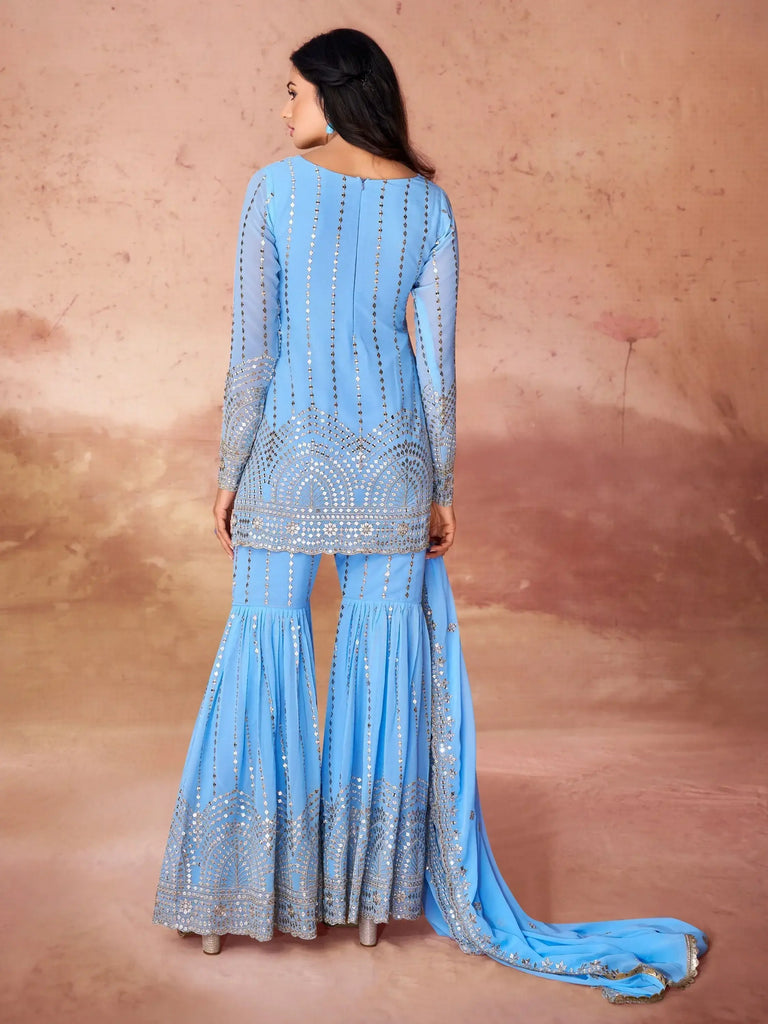 Awesome Sky-Blue Sequins Georgette Sharara Suit With Dupatta