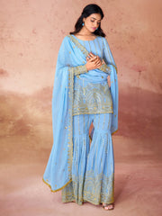 Awesome Sky-Blue Sequins Georgette Sharara Suit With Dupatta