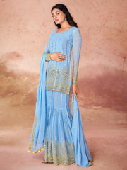 Awesome Sky-Blue Sequins Georgette Sharara Suit With Dupatta
