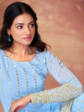 Awesome Sky-Blue Sequins Georgette Sharara Suit With Dupatta