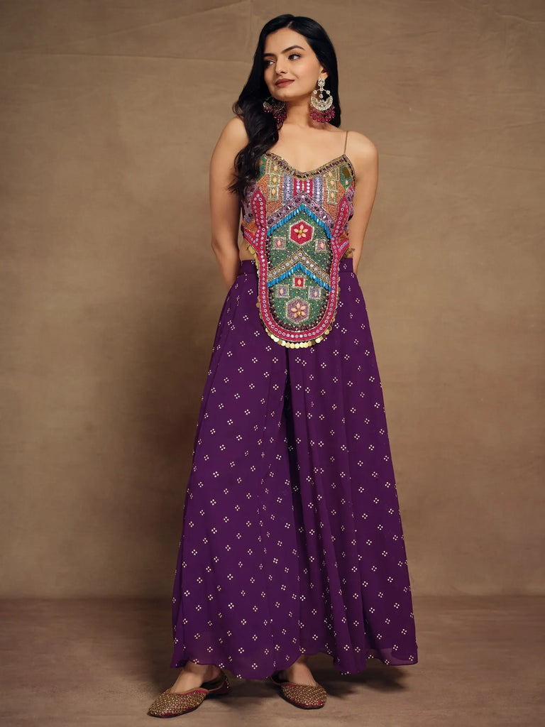 Beautiful Purple Thread Work Georgette Designer Crop Top Palazzo