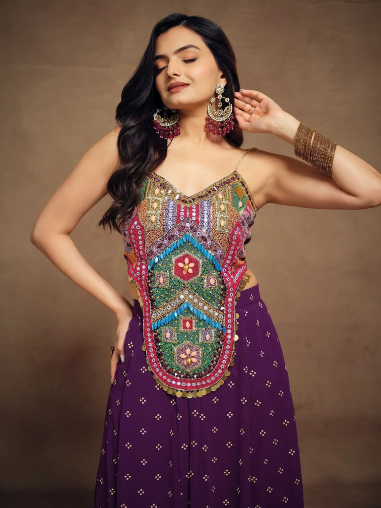 Beautiful Purple Thread Work Georgette Designer Crop Top Palazzo