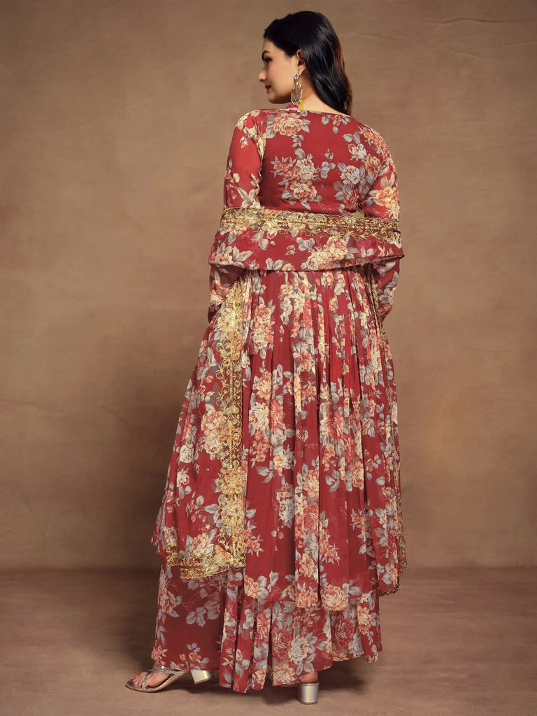 Precious Red Floral Printed Chiffon Function Wear Palazzo Suit