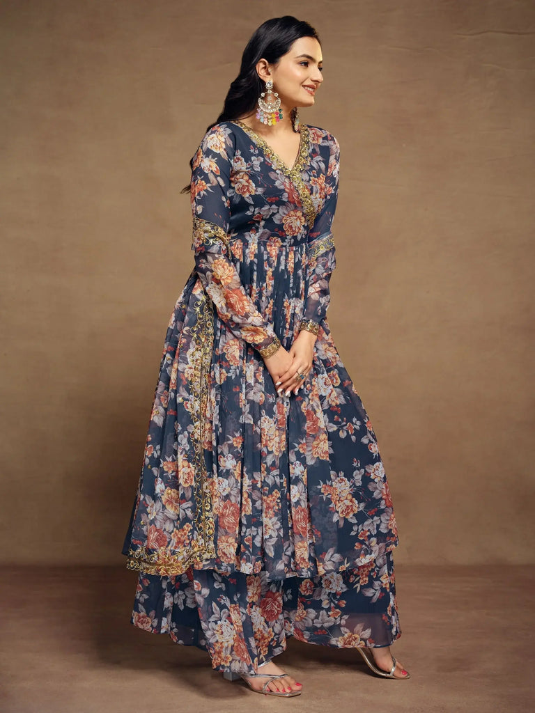 Attractive Blue Floral Printed Chiffon Festival Wear Palazzo Suit